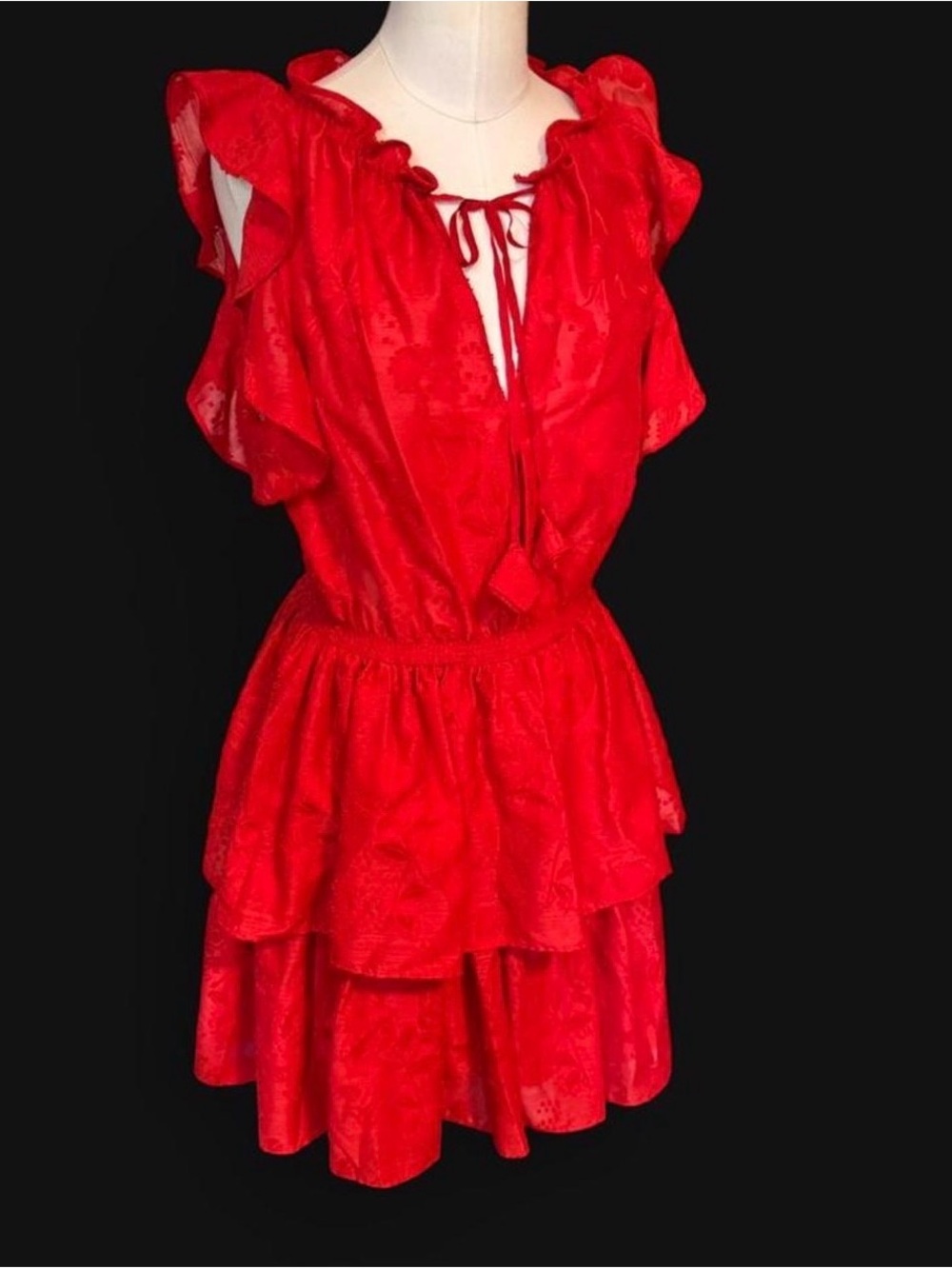 Chelsea & Violet Bright Red Ruffled tiered Mini Dress tie ruffle neckline szM